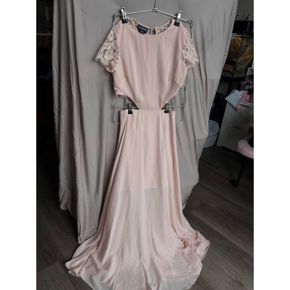 Bebe Blush Pink Lace Sleeve Cutout Maxi Dress Size 00 Formal Gown Wedding Guest